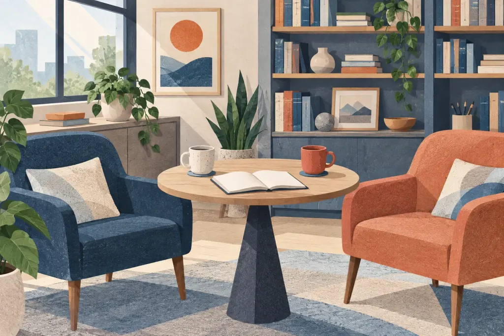 Two chairs and a notebook around a small table, an AI-created collage