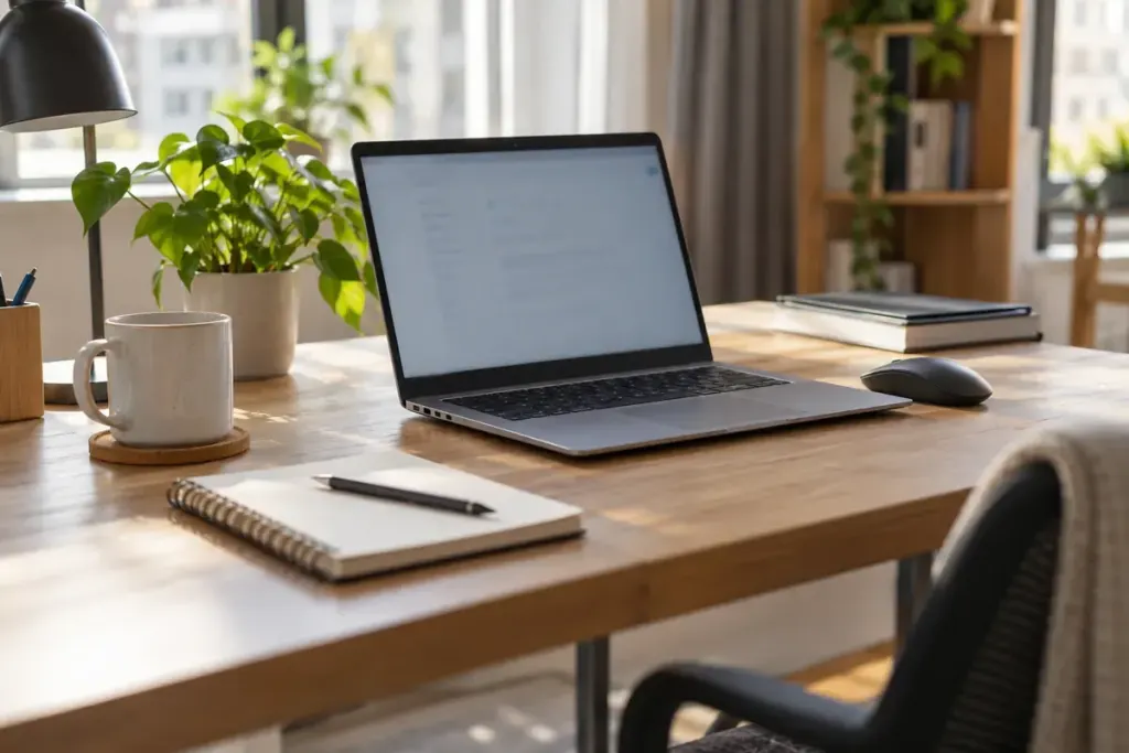 An unbranded laptop and mouse prepared on a clean work desk.
