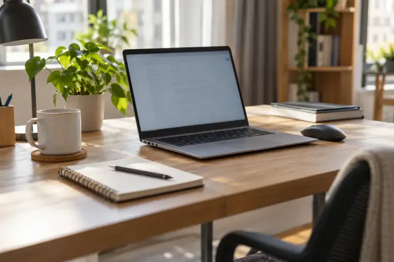An unbranded laptop and mouse prepared on a clean work desk.