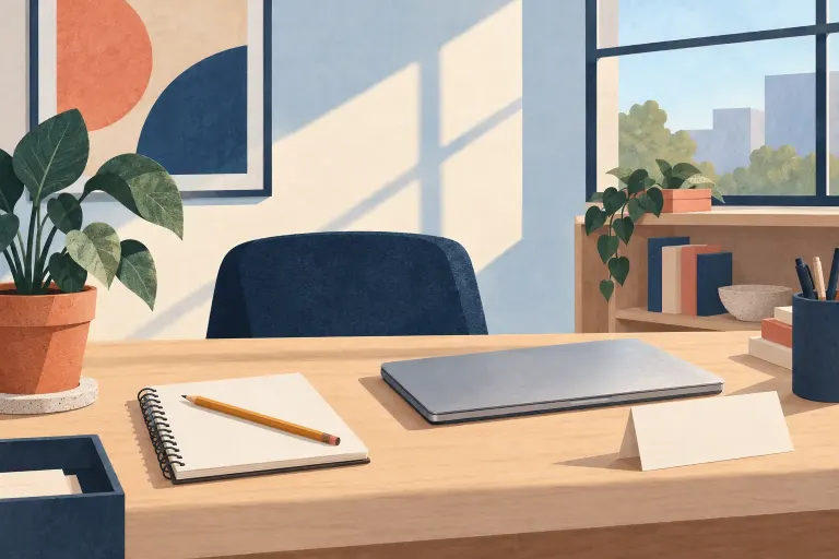 A welcoming desk with a notebook and plant, an AI-created collage