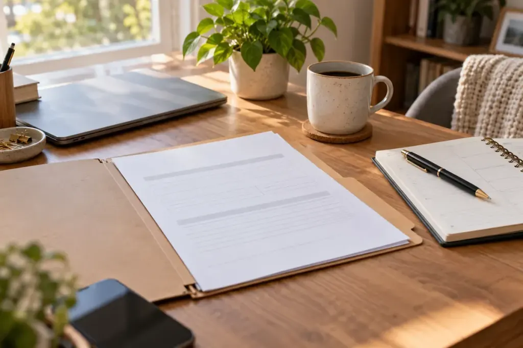Offer document, planner and pen arranged on a home desk.