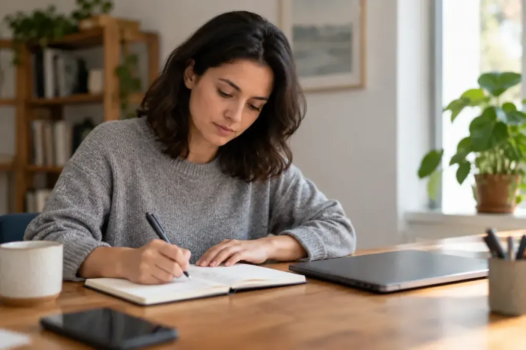 A worker writing a concise activity log beside a closed laptop.