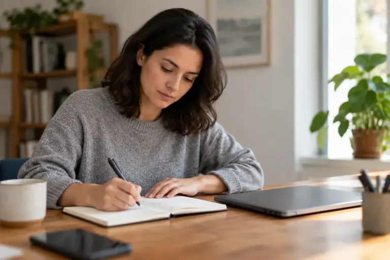 A worker writing a concise activity log beside a closed laptop.