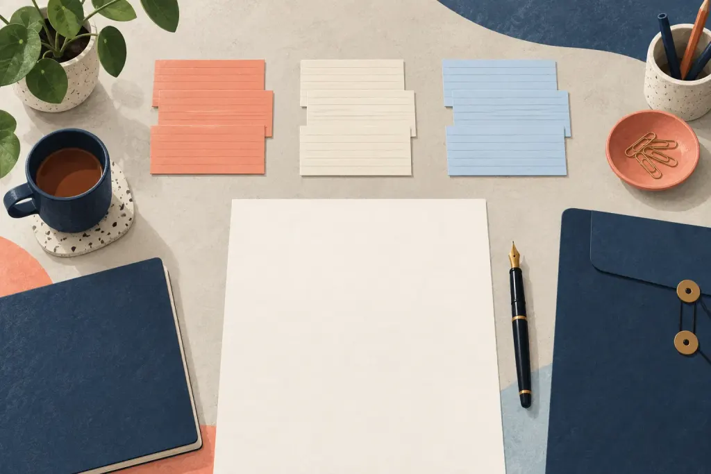 Paper and index cards arranged on a desk, an AI-created collage